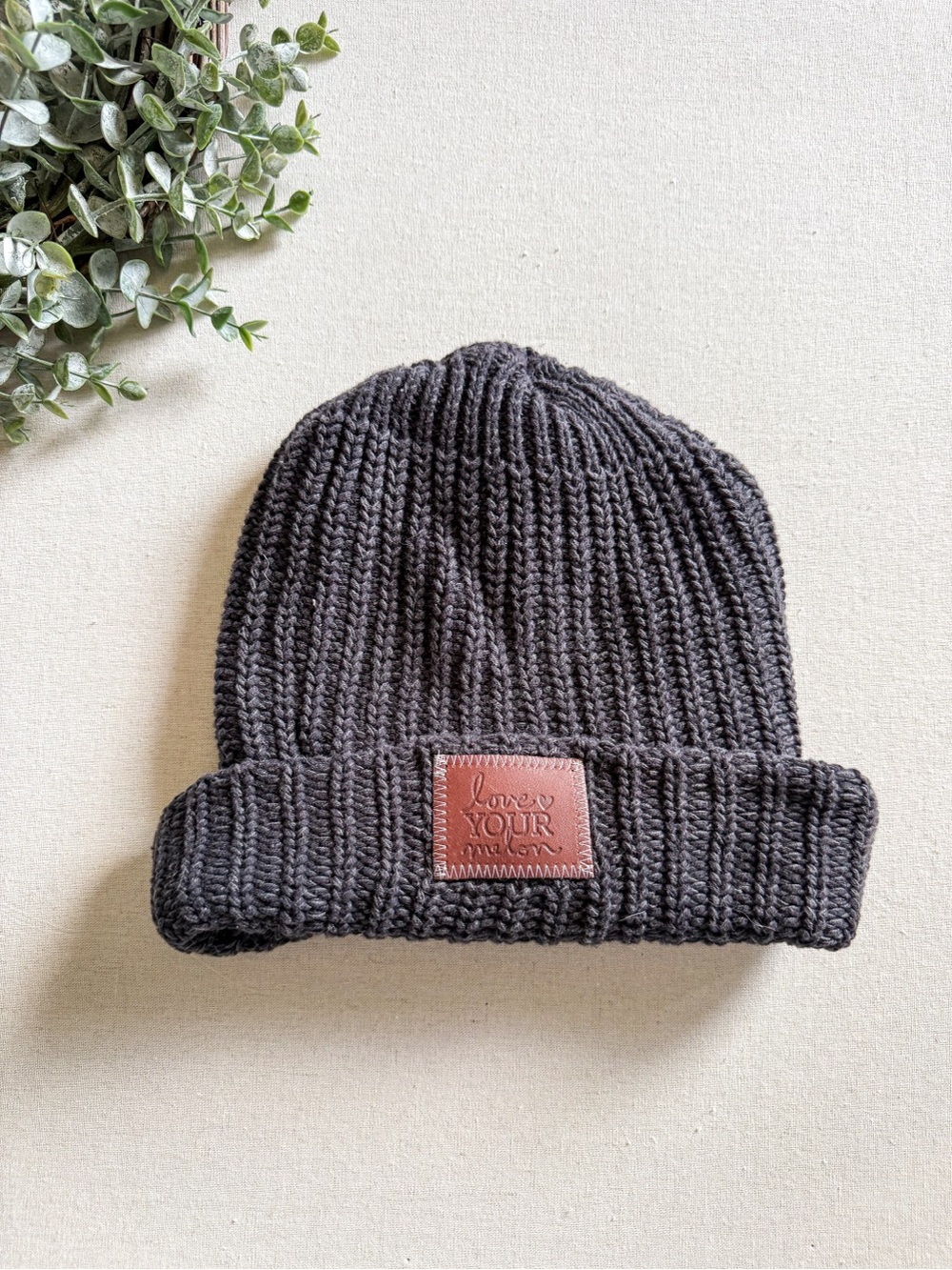 Love Your Melon Knit Beanie Charcoal Gray Cuffed Hat Made in USA Chunky Ribbed
